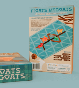 Floats McGoats board game back cover and side of box displayed as part of the package design by ST8MNT on blue background