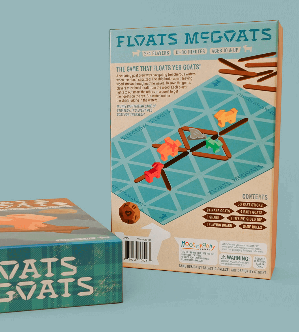 Floats McGoats board game back cover and side of box displayed as part of the package design by ST8MNT on blue background