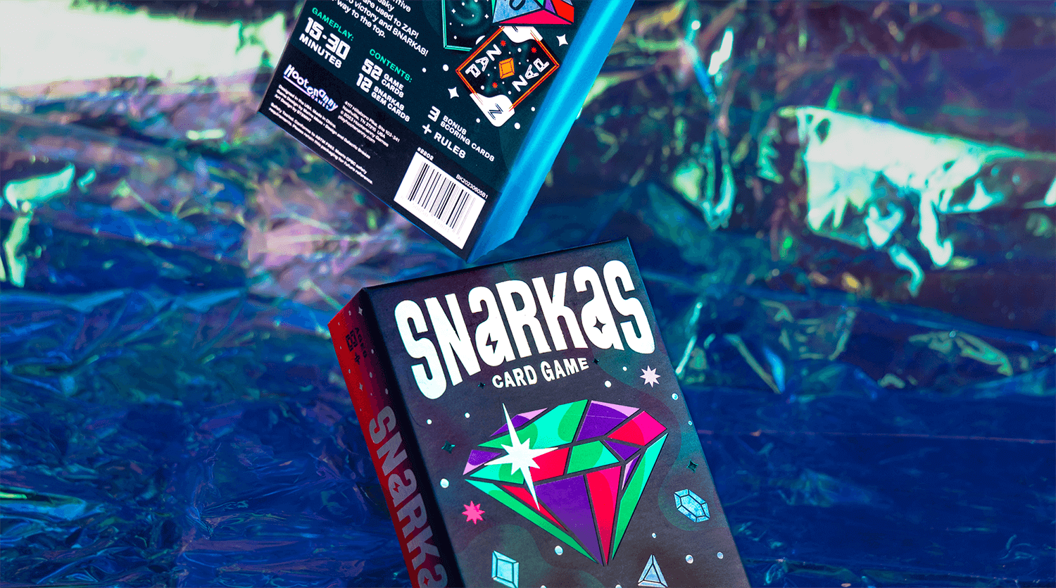 Snarkas card game front and back covers floating on holographic background as part of packaging design by ST8MNT
