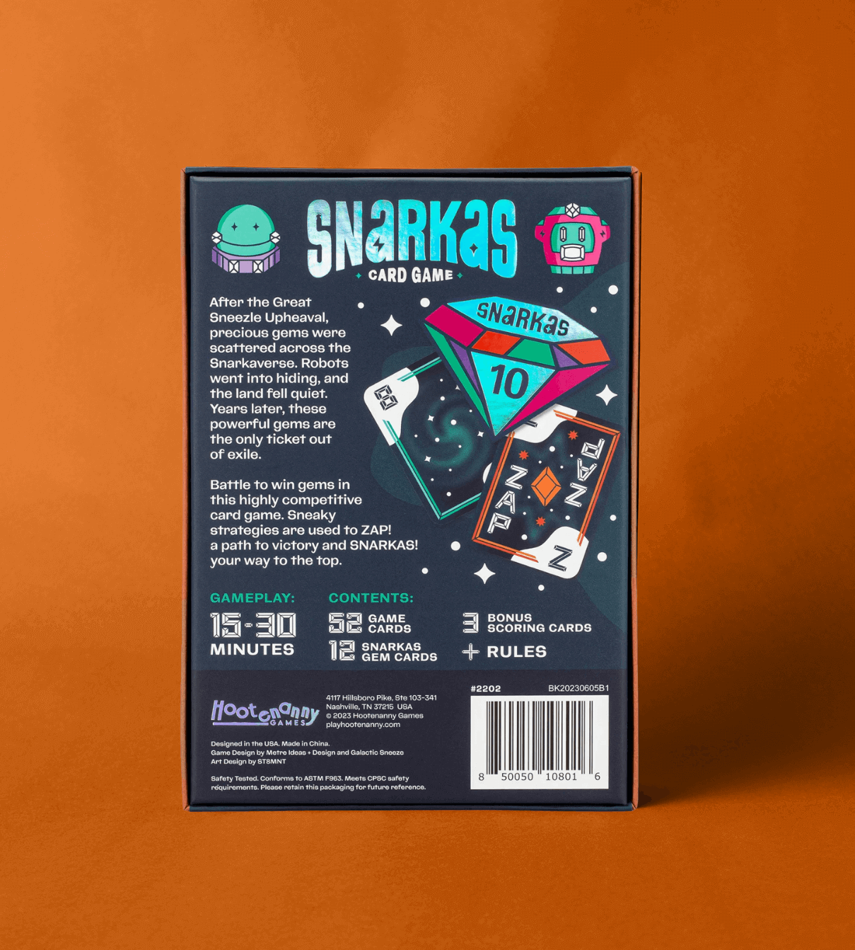 Snarkas card game back cover displayed as part of the package design by ST8MNT on orange background