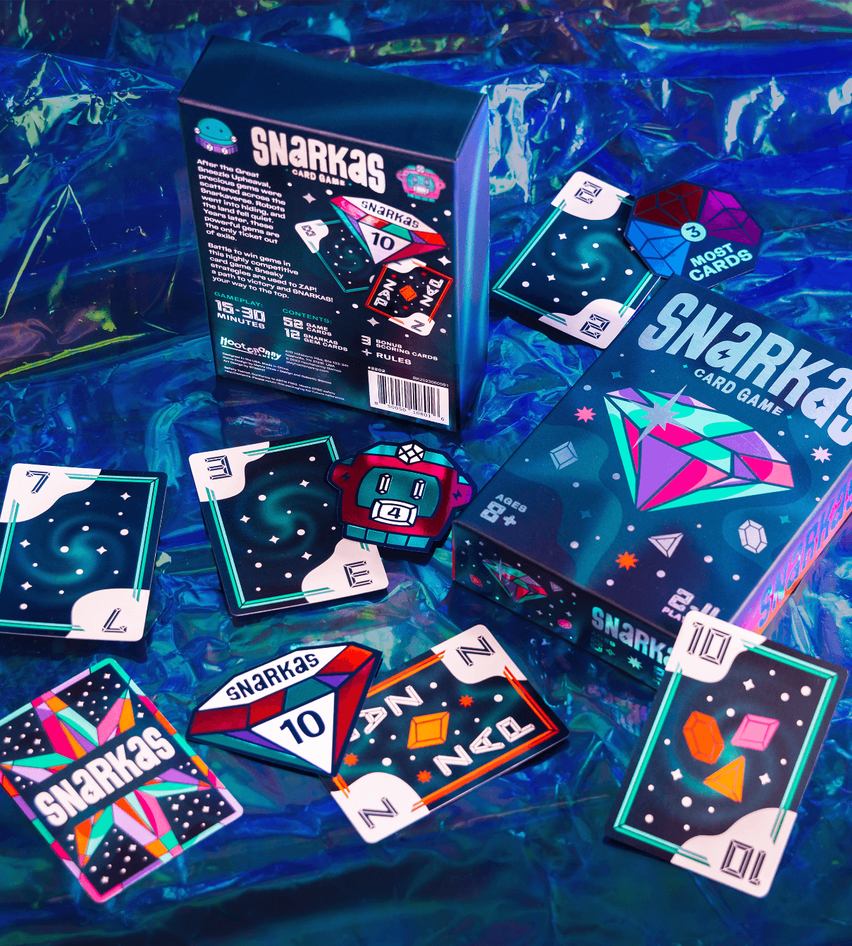 Flat lay of all the Snarkas game components as designed by ST8MNT for package design