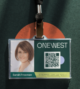 One West ID badge example utilizing brand assets established by ST8MNT in identity project