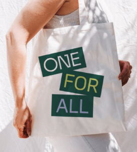 One West branded tote with messaging "One for All" utilizing brand assets established by ST8MNT in identity project
