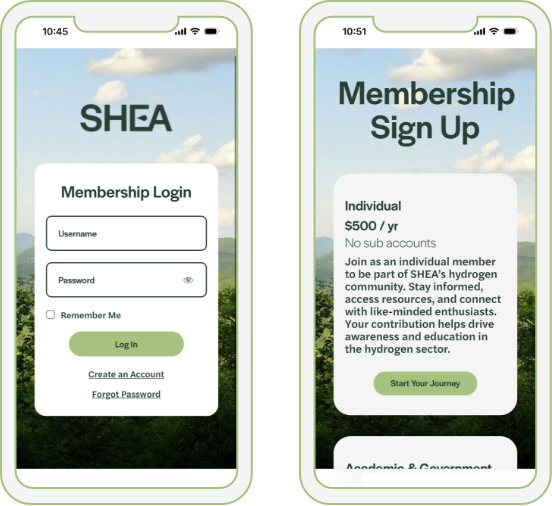 SHEA website login and sign up pages