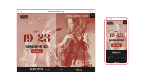 Examples of desktop and mobile views for the Americana Music Association homepage, directory, ticket information, awards, and navigation