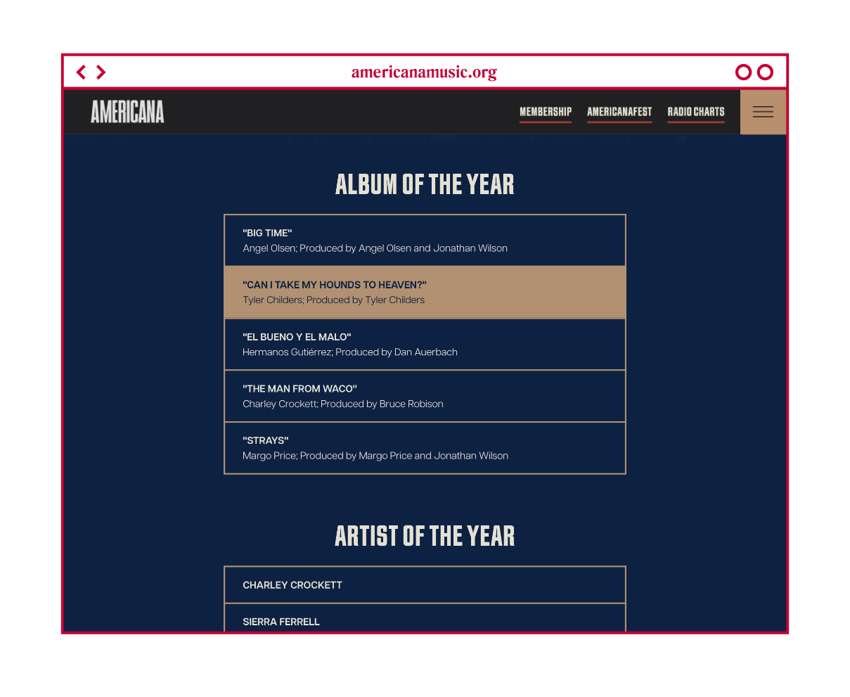 Desktop design for the Awards categories on the Americana Music Association site.