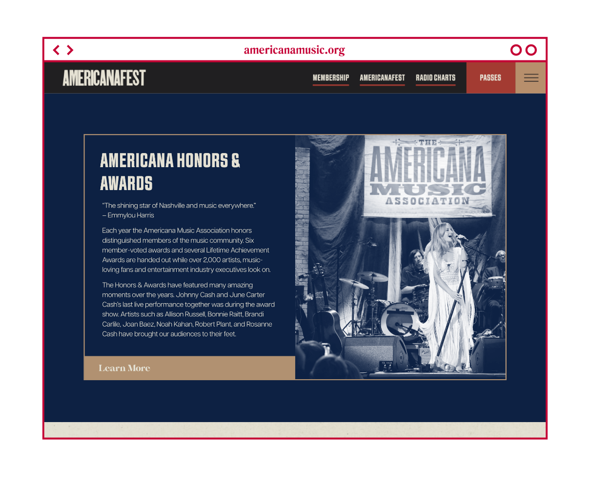 Desktop design for Awards and Honors information on the Americana Music Association site.