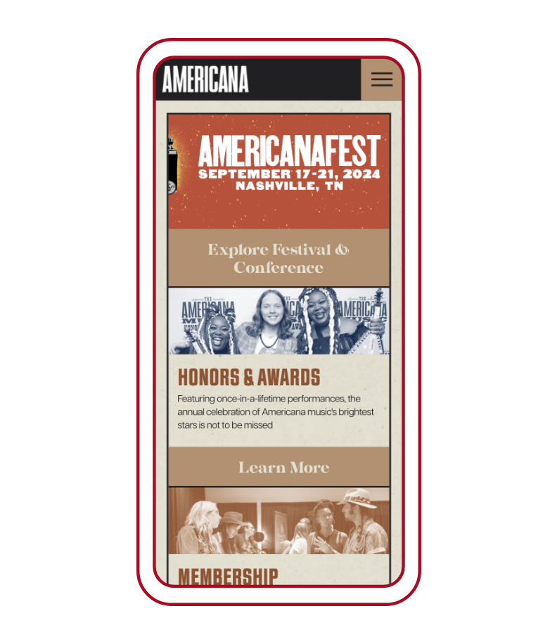 Mobile design for the Hompage directory of the Americana Music Association site