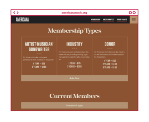 Desktop design for the Membership page on the Americana Music Association page.