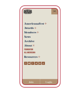 Expanded mobile navigation design for the Americana Music Association site