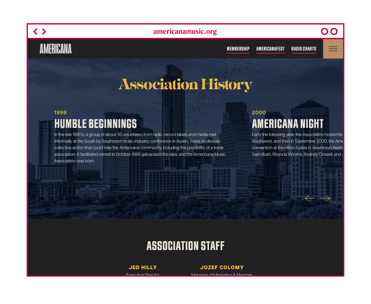Desktop design for the Association Timeline on the Americana Music Association site.