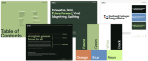 example of brand guide pages including table of contents, attributes, logos, typography, and color palette