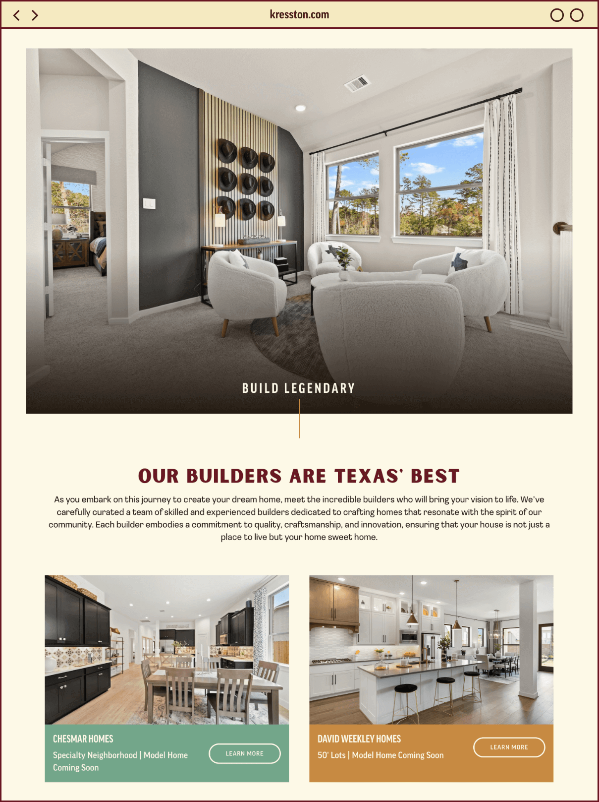 Kresston Builders web page designed by ST8MNT for a Johnson Development community in Texas