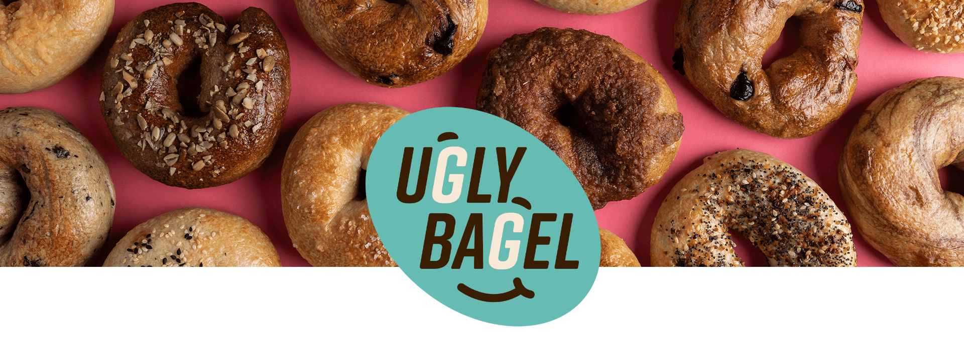 Ugly Bagel photography on pink background with logo overlayed