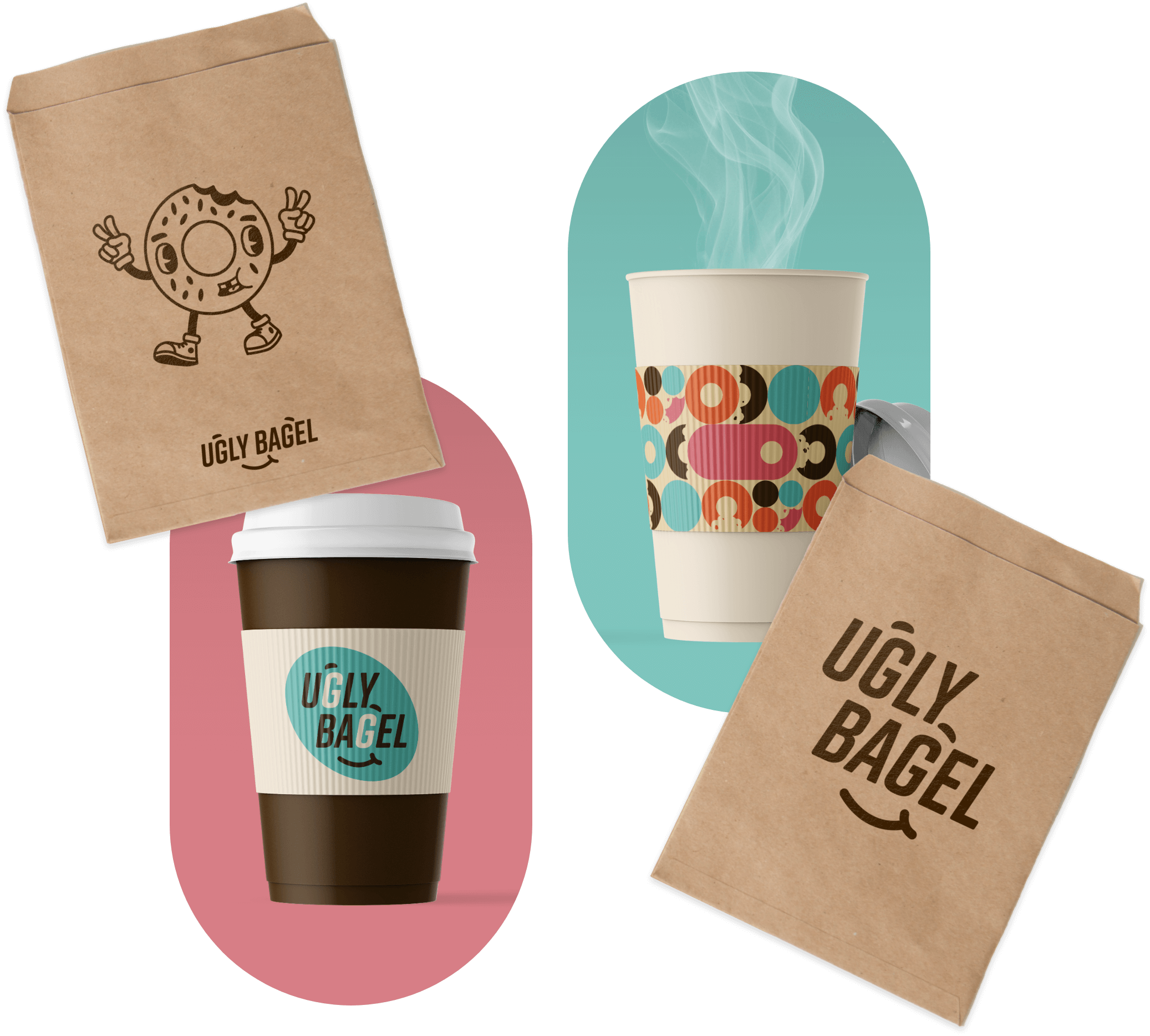 Ugly Bagel to-go coffee cups designs and single bagel bag designs