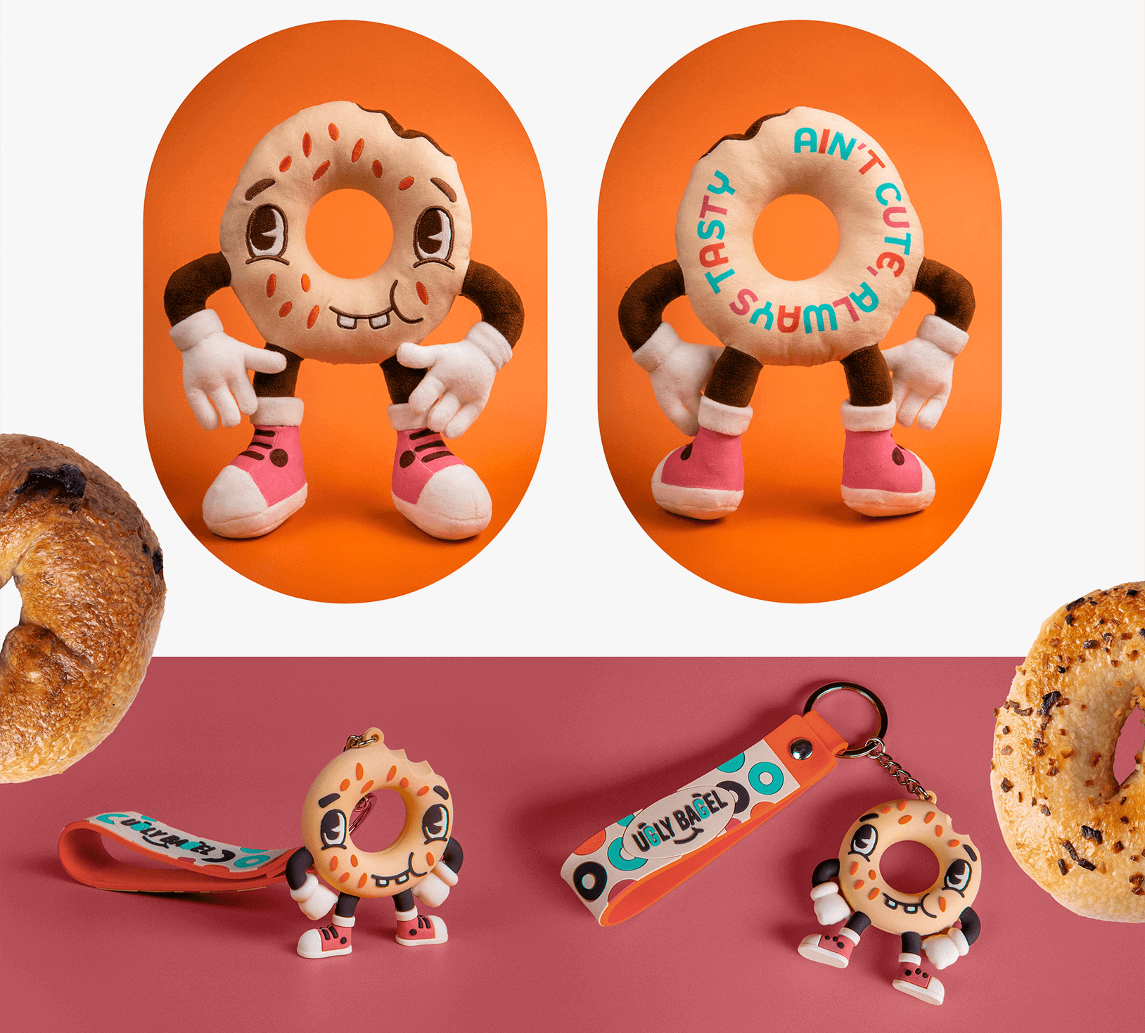 Ugly Bagel custom plush toy design and three dimensional key chains with key fob featuring the logo