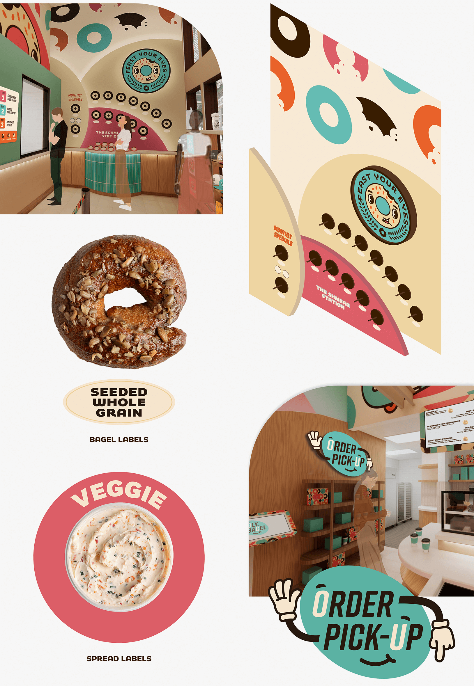 Ugly Bagel interior concepts included a bagel and schmear wall that