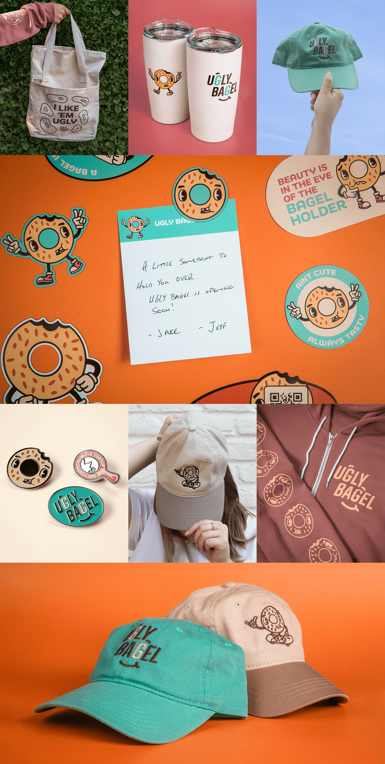 Ugly Bagel merch including a tote bag design, insulated tumblers, embroidered hats, magnets, enamel pins and a custom sweatshirt.