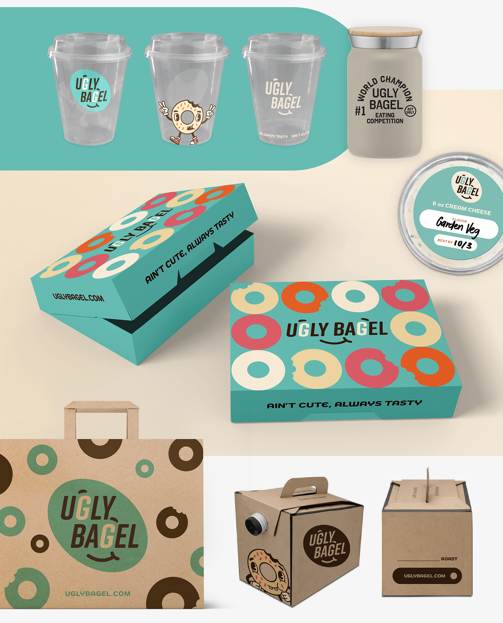 Ugly Bagel to-go package designs including cold cups, bagel boxes, cream cheese labels, to-go bags and large coffee containers.