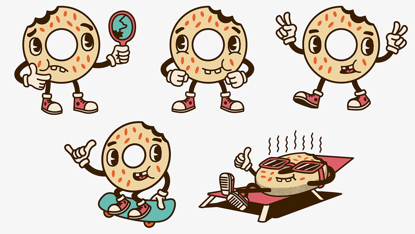 Different versions of the Ugly Bagel mascot Uggy