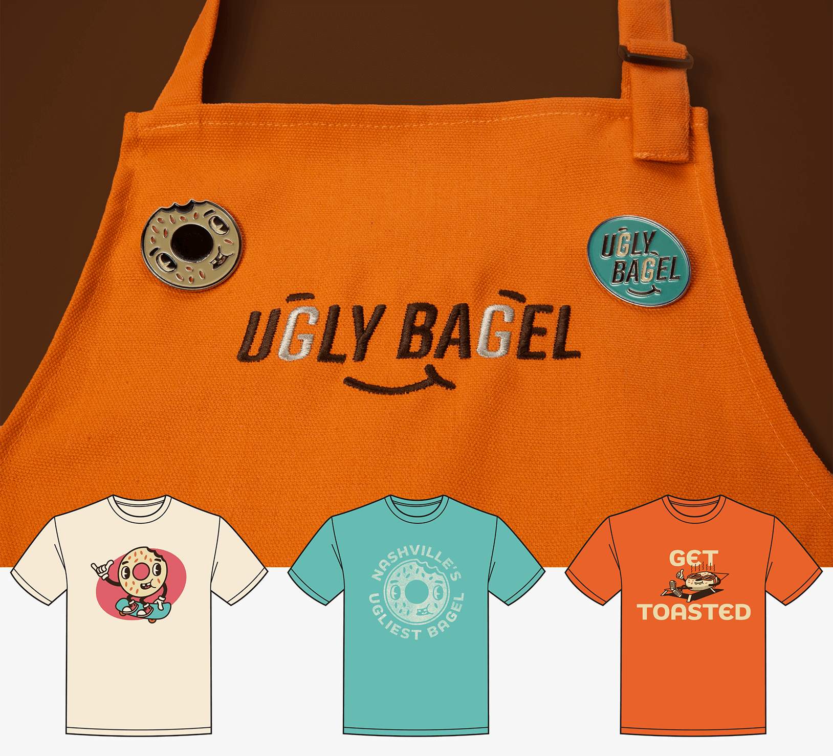 Ugly Bagel custom embroidered aprons with custom t-shirt designs