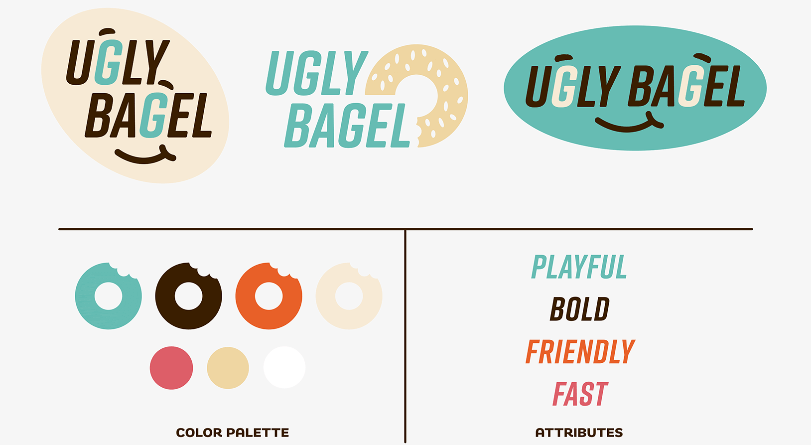 Ugly Bagel logos, brand colors and brand attributes, including playful, bold, friendly and fast