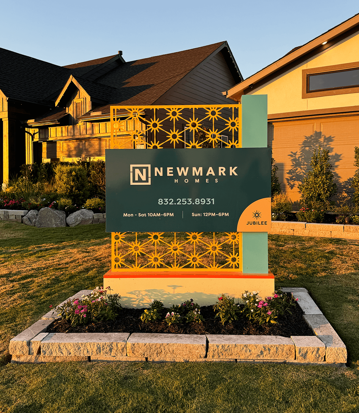 Jubilee model home signage displaying builders created by ST8MNT as part of environmental signage for master-planned community in Texas