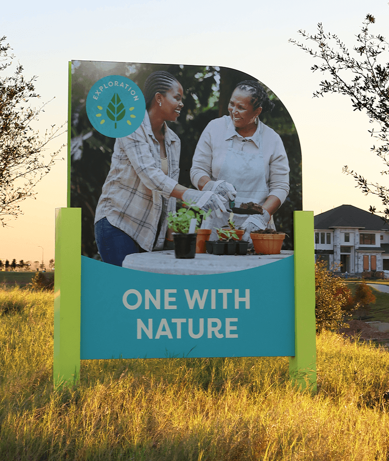 Signage design along the road in Jubilee with visuals related to the nature focus of the property, designed by ST8MNT