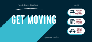 "hand drawn touches, dynamic angles, icons"
