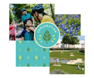 Jubilee Exploration Wellness Zone identity and pattern created by ST8MNT as part of master-planned community branding, paired with visual renderings and mood images