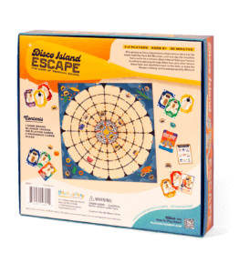 Back of box design for Disco Island Escape game.