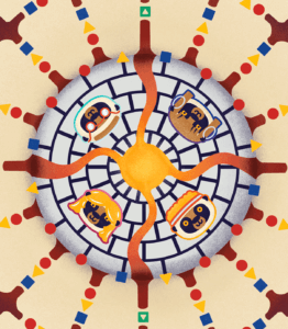 Disco Island Escape Board detail of Disco Ball Mountain erupting.