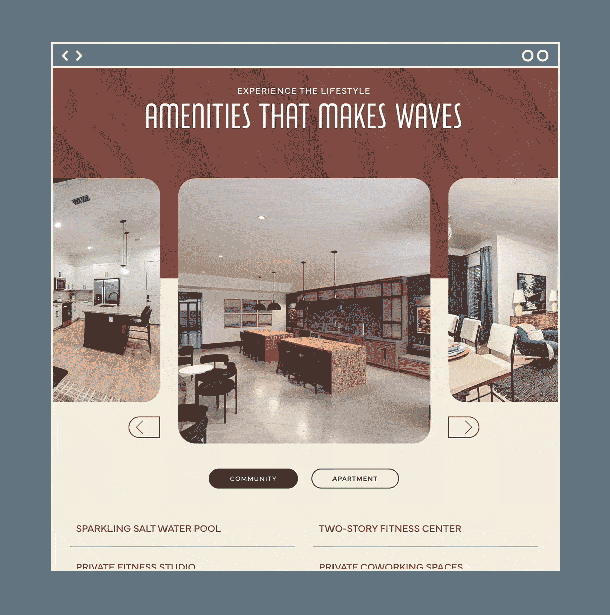 Upshore Amenities GIF of Amenity page design as part of the Upshore website design completed by ST8MNT