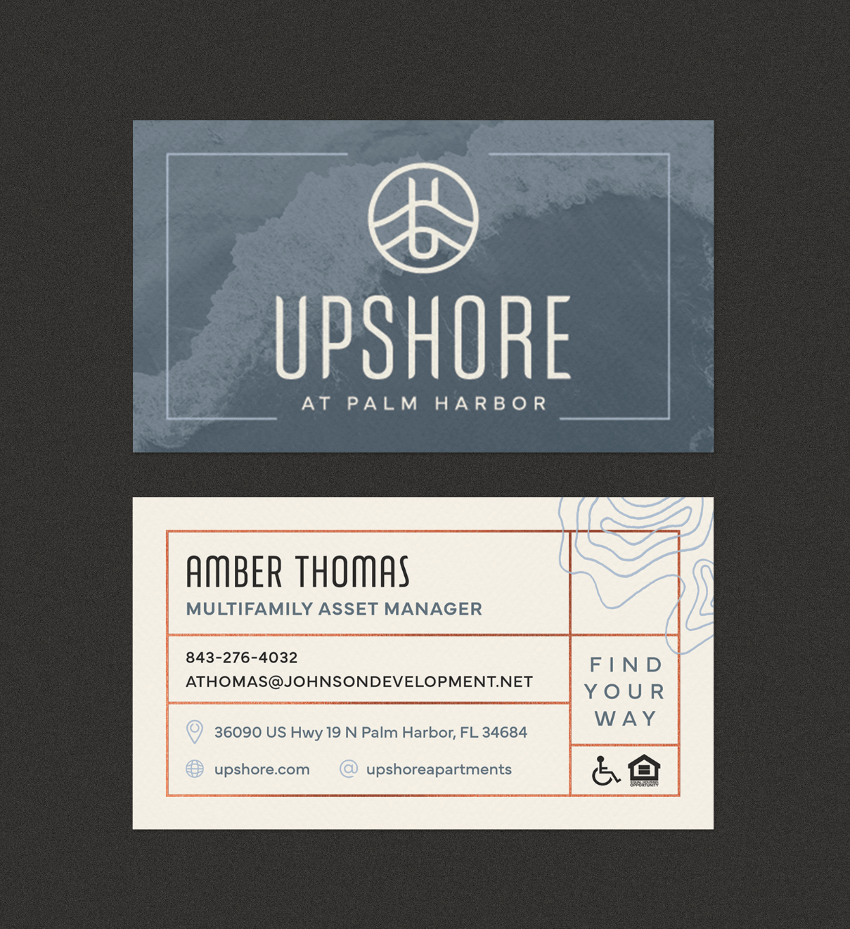Upshore Business Card Mockup of business card design for Upshore apartments completed by ST8MNT