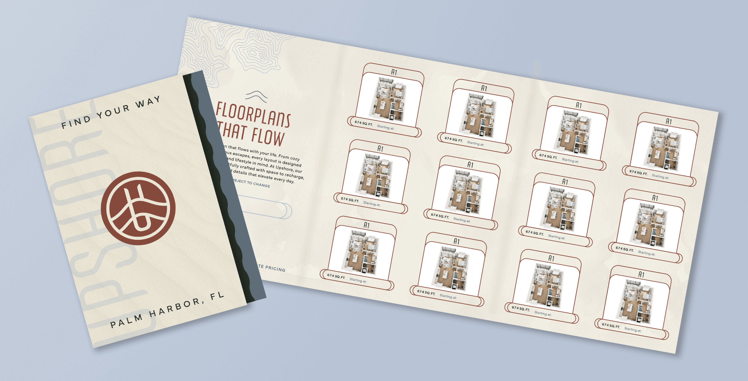 Upshore Brochure Mockup of custom marketing brochure for Upshore Apartments in Florida completed by ST8MNT