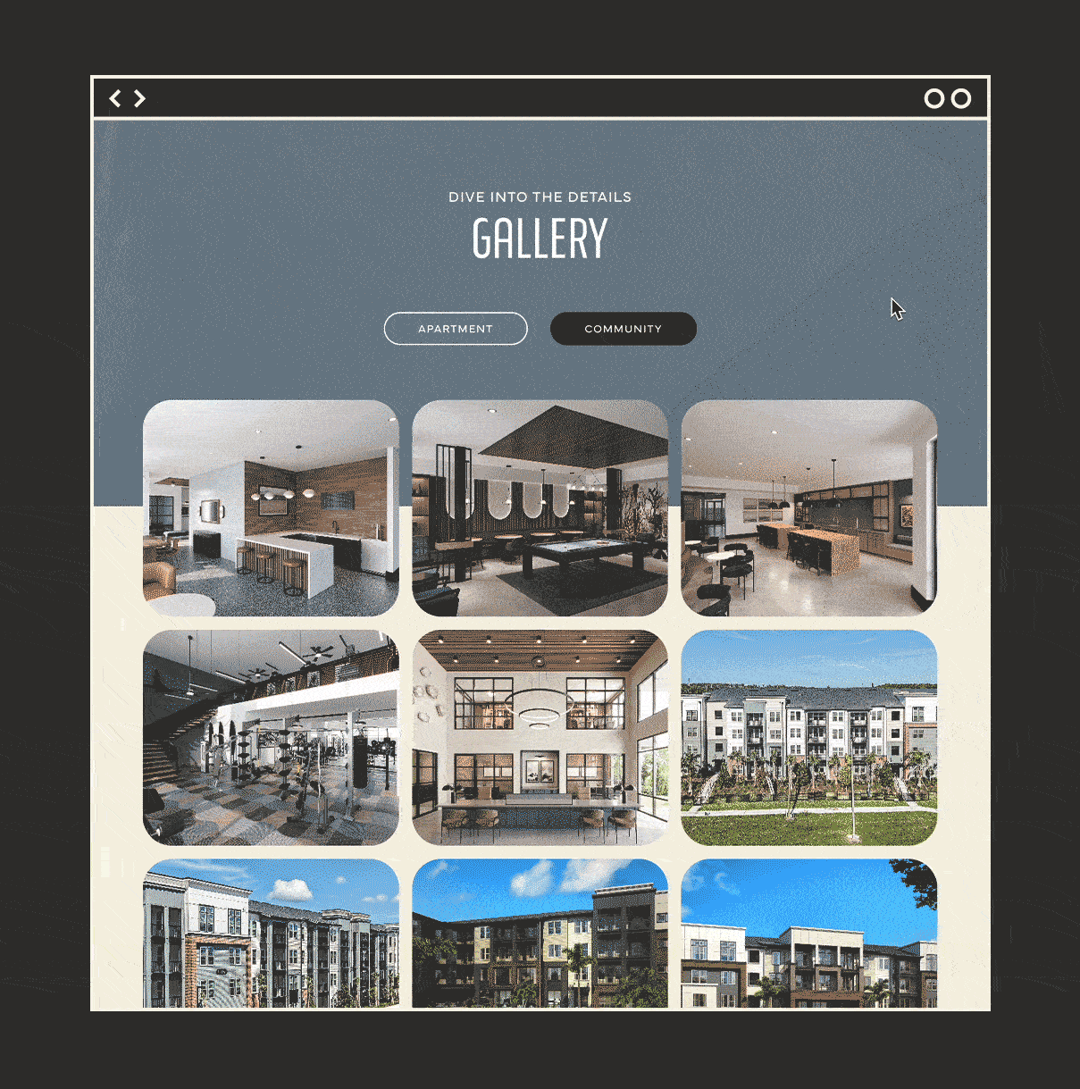 Upshore Gallery Display of gallery page showing different gallery categories and lightbox feature for Upshore in Florida, as designed by ST8MNT