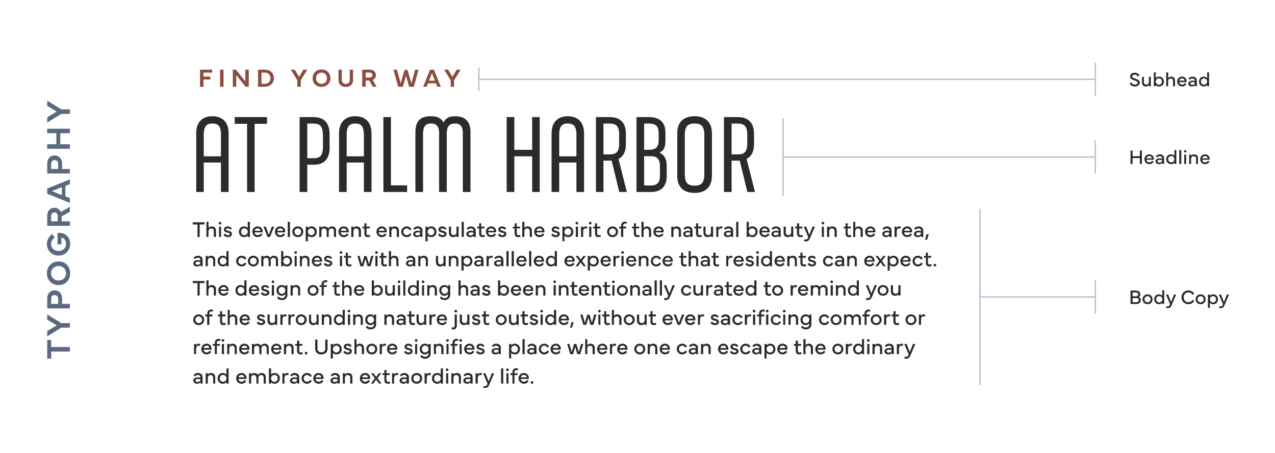 Upshore Typography Upshore typography developed as part of the brand system showing how the fonts work for the subhead, headline, and body copy