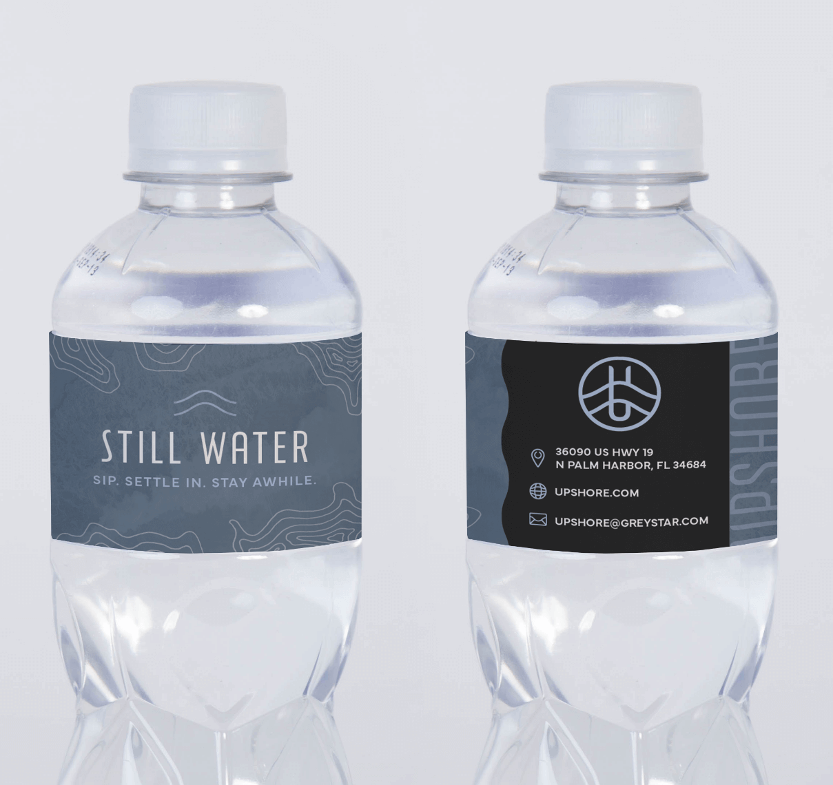 Upshore Water Bottle Mockup of water bottle labels for Upshore luxury apartments in Florida completed by ST8MNT