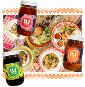Image of Thai food with sauce pairings on a table with IM sauce jars and pattern strips overlayed.