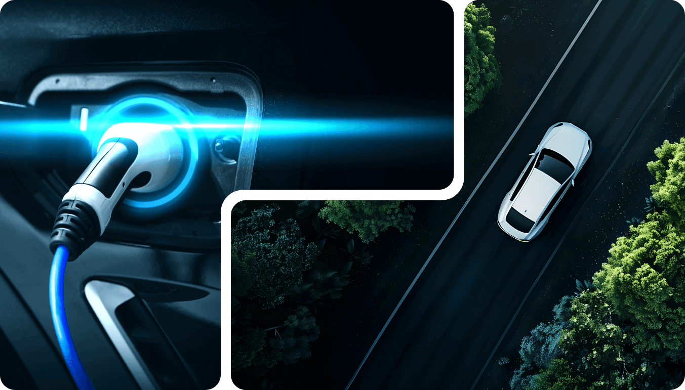 image of charger and car on the road in interlocking container shapes