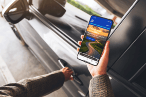 woman looking at powerup site on her phone