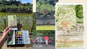 Painting palette and view of landscape at Boboli Gardens, along with the finished watercolor painting