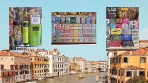 Composition with the Grand Canal in Venice in the background, along with images of package design layered on top