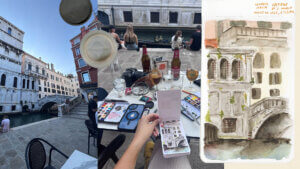 Collage of images showing a scene in Venice, the tablescape of painting while having aperitivo along with the watercolor painting of the canal