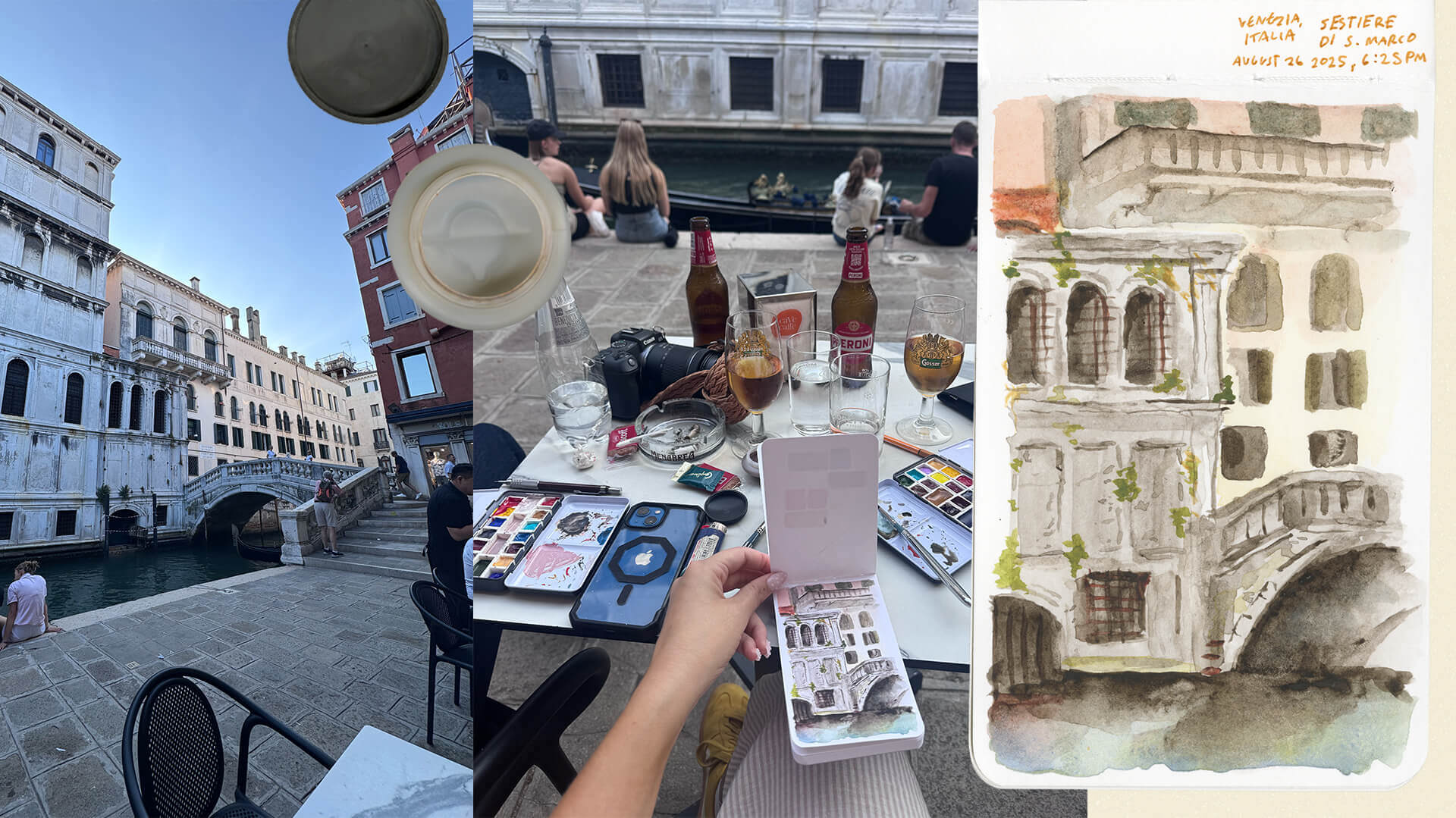 Watercolor painting in Venice Collage of images showing a scene in Venice, the tablescape of painting while having aperitivo along with the watercolor painting of the canal