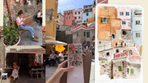 Scenes of watercolor painting set up in Vernazza in Cinque Terre along with a watercolor painting of the colorful buildings