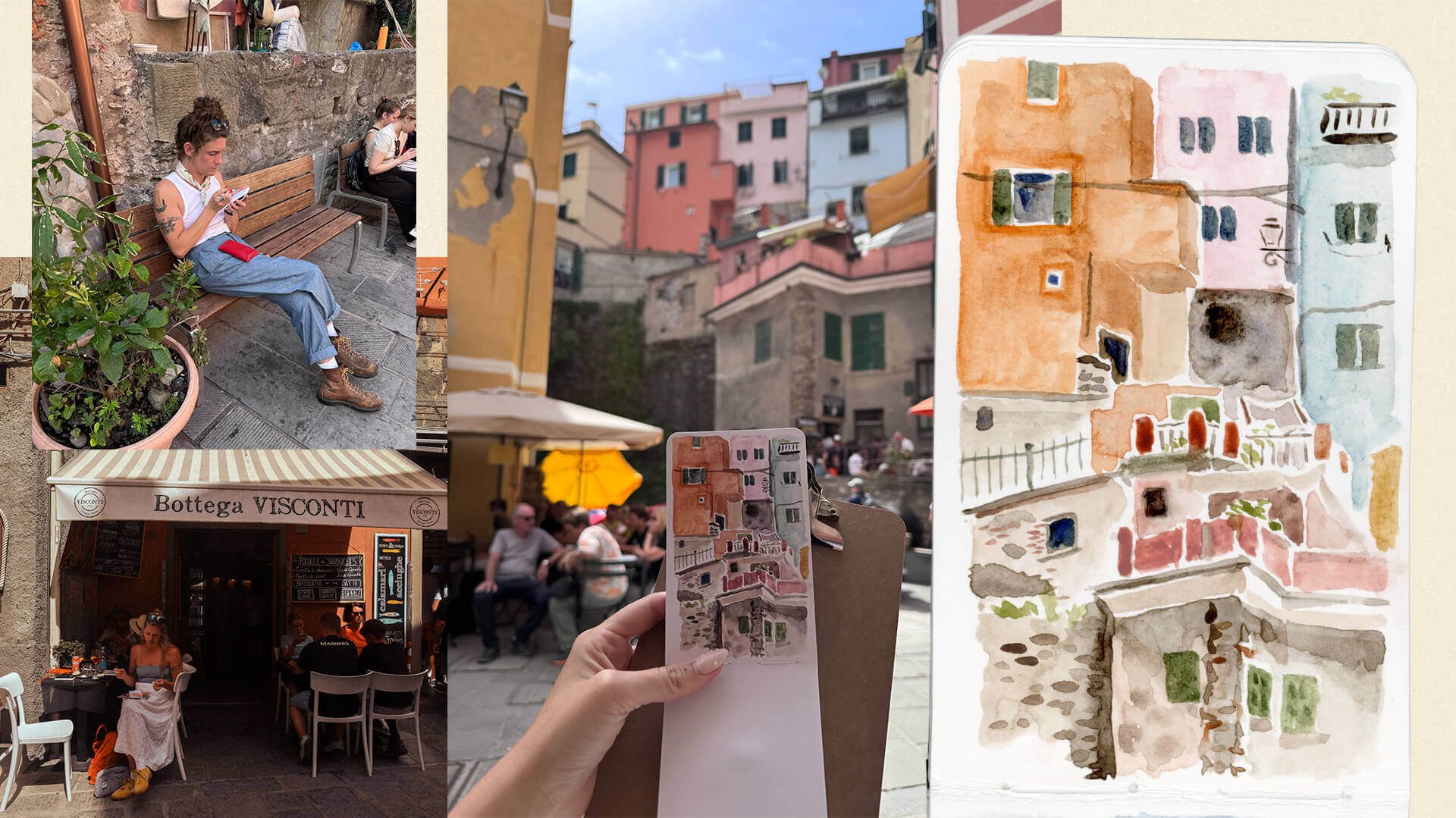 Vernazza Painting Scenes of watercolor painting set up in Vernazza in Cinque Terre along with a watercolor painting of the colorful buildings