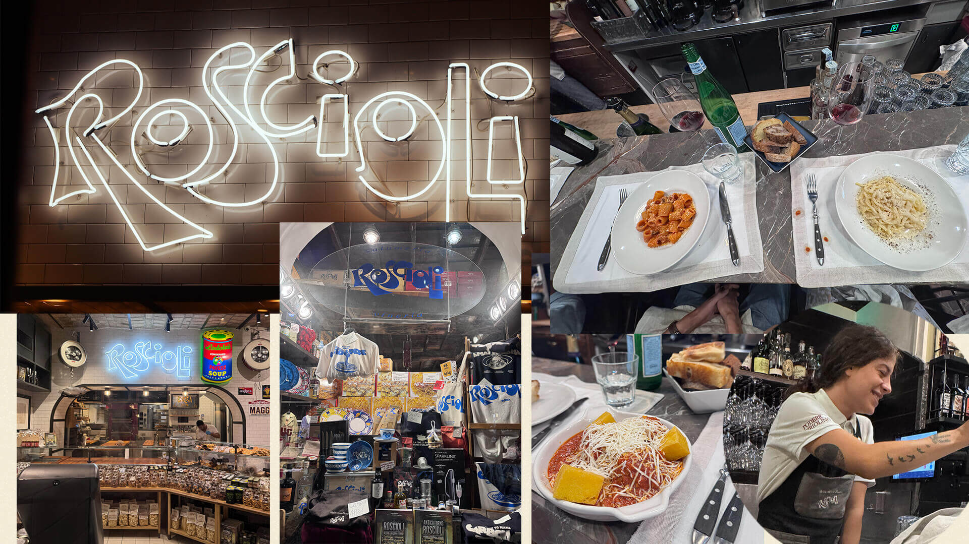 abby-italy_4_roma-pages_6 A collection of images featuring the Roscioli brand in Roma, including neon signage, swag and tablescapes