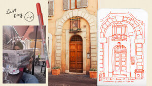 Italian door way along with a pen line drawing of the doorway in Rome