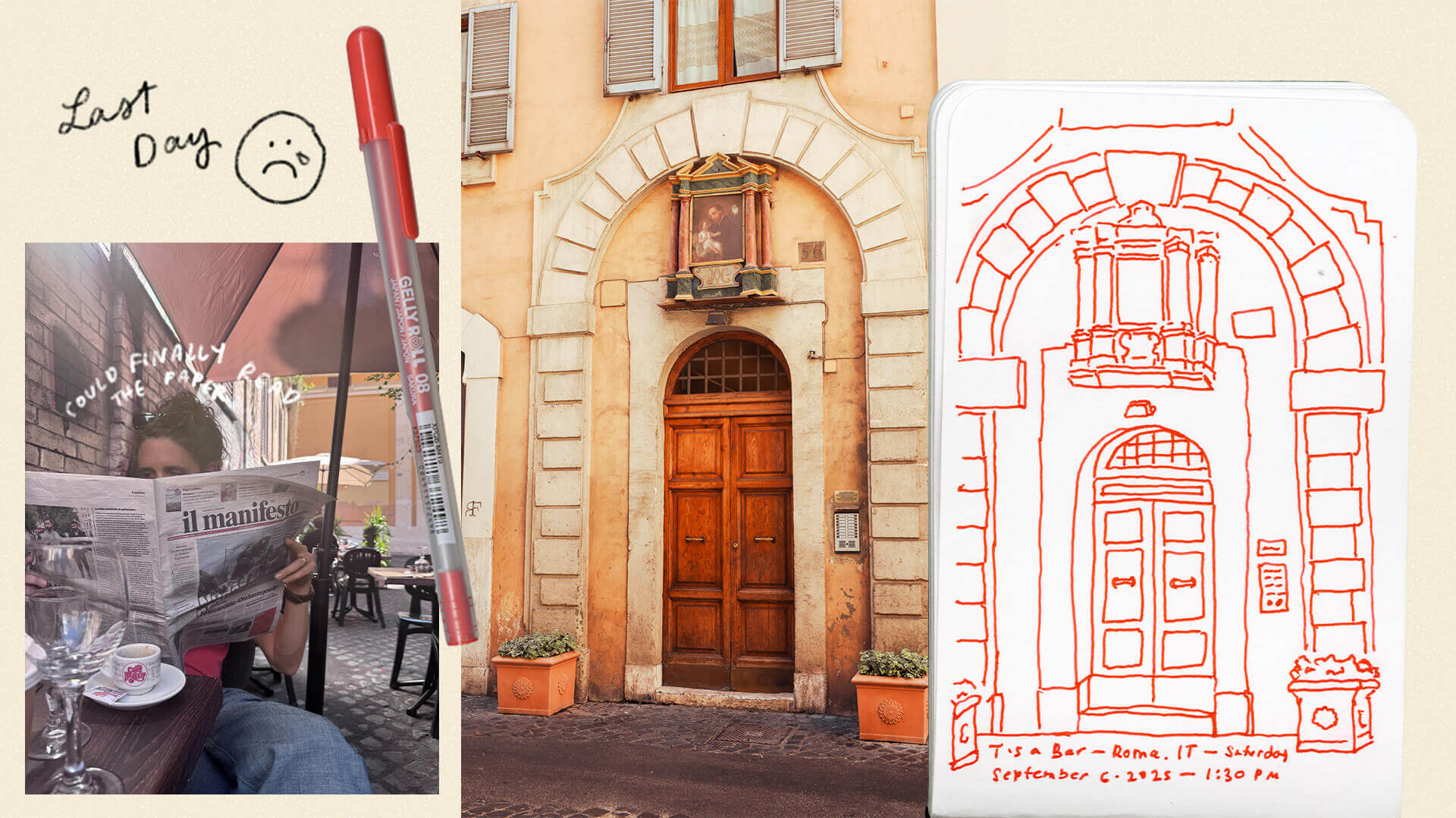 abby-italy_4_roma-pages_8 Italian door way along with a pen line drawing of the doorway in Rome